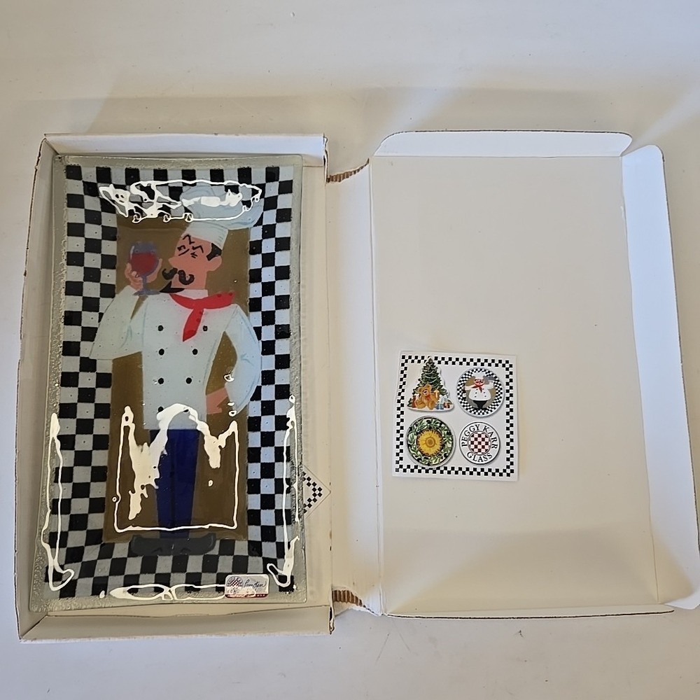 Peggy Karr Signed Chef W Wine Bistro Fused Glass Tidbit Plate Checkered 13.5x7.5